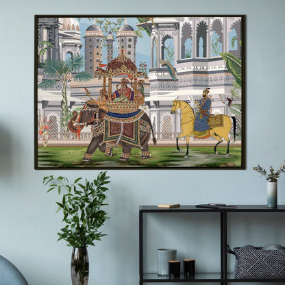The Queen's Elephant Ride: A Glimpse into Mughal Royalty on Framed Canvas Artwork Perfect for Office and Home Wall Decor.
