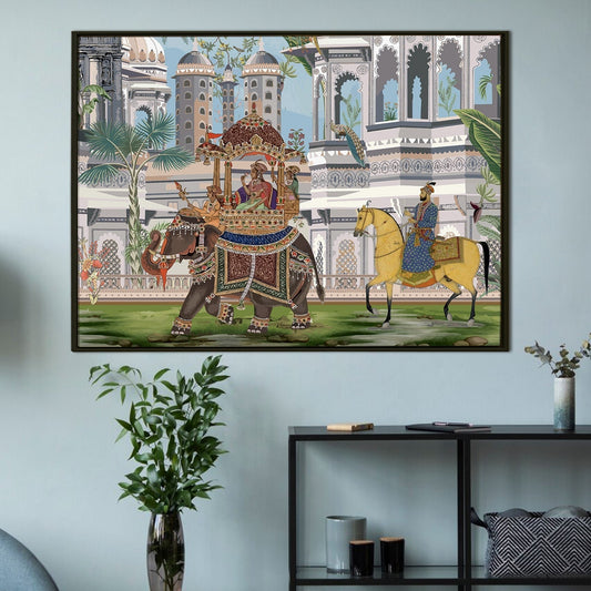The Queen's Elephant Ride: A Glimpse into Mughal Royalty on Framed Canvas Artwork Perfect for Office and Home Wall Decor.