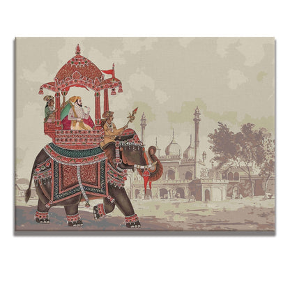 A Tapestry of Power and Grace: The Mughal Emperor's Journey on a Decorated Elephant Carriage, Flanked by Royal Guards Wall Painting