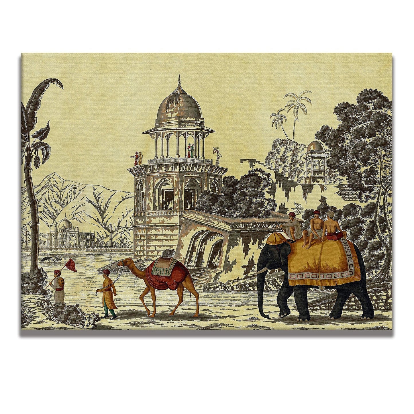 The Mughal Stronghold: A Fort Landscape with Elephant and Camel Historical Art Impressionism Painting Picture on Framed Artwork for Home Decor.