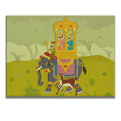 Witnessing Grandeur: Crowds Gather as the Maharaja Leads a Procession on Elephant Back Artwork. Adds sophistication to your decor.