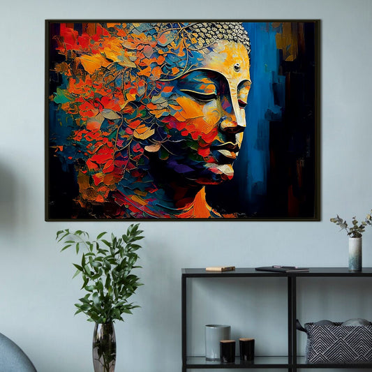 Buddha Wall Art Canvas Framed Paintings Gautam Head Picture Colorful Meditation Buddhism Religious Flower Artworks Large Size For Office Living Room Bedroom Yoga Room Home Decoration.