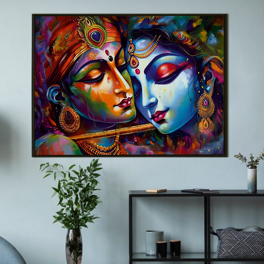 Where Flutes Whisper Love: Radha Krishna Art Painting Print Framed Canvas For your Home and Office Wall Decor