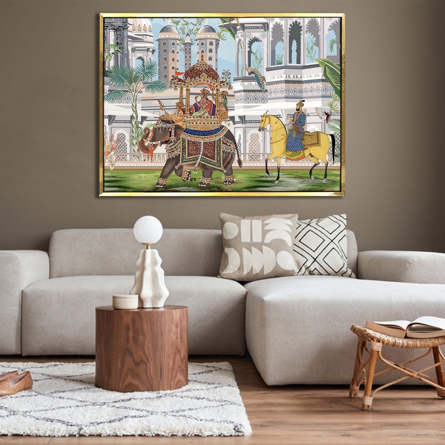 The Queen's Elephant Ride: A Glimpse into Mughal Royalty on Framed Canvas Artwork Perfect for Office and Home Wall Decor.