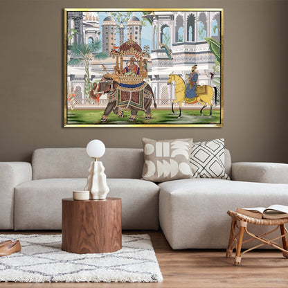 The Queen's Elephant Ride: A Glimpse into Mughal Royalty on Framed Canvas Artwork Perfect for Office and Home Wall Decor.