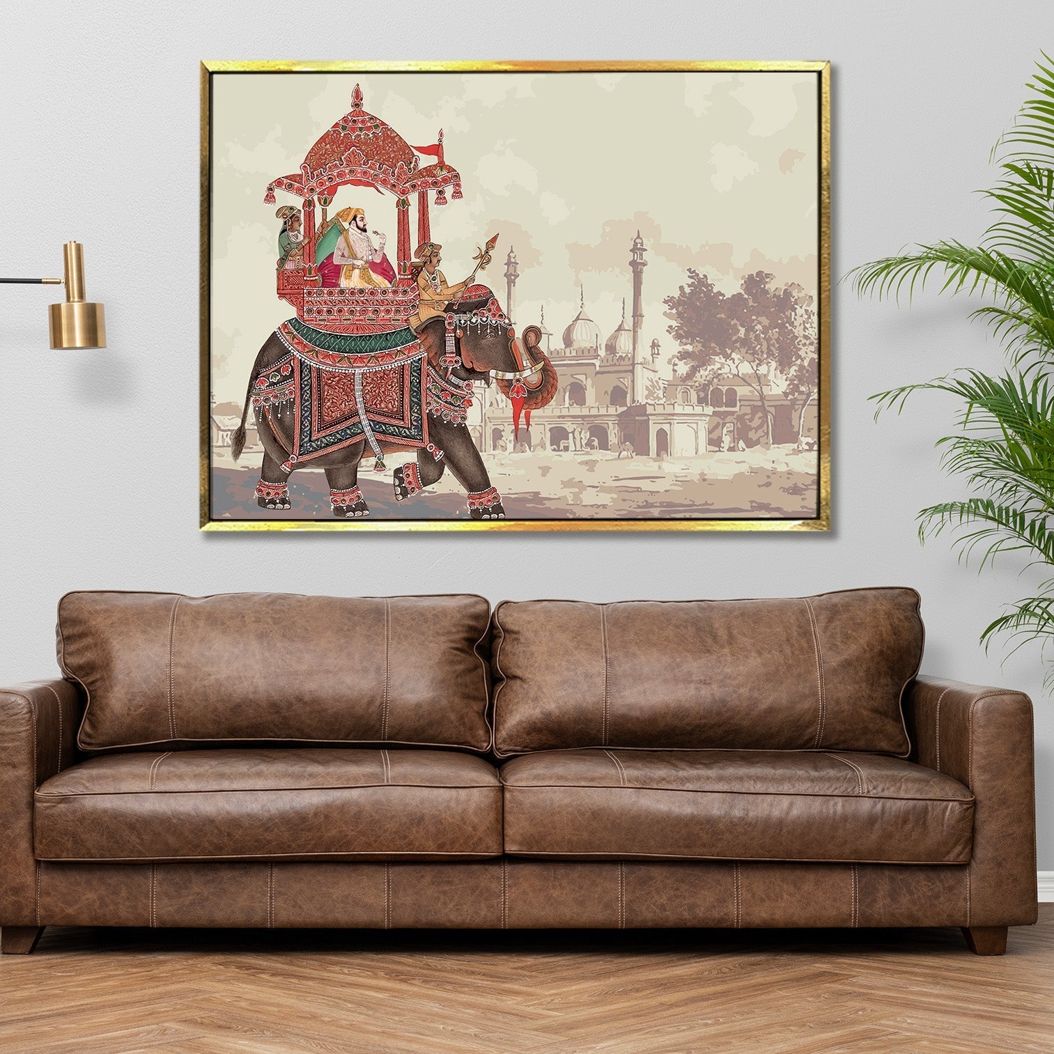 A Tapestry of Power and Grace: The Mughal Emperor's Journey on a Decorated Elephant Carriage, Flanked by Royal Guards Wall Painting