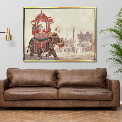 A Tapestry of Power and Grace: The Mughal Emperor's Journey on a Decorated Elephant Carriage, Flanked by Royal Guards Wall Painting
