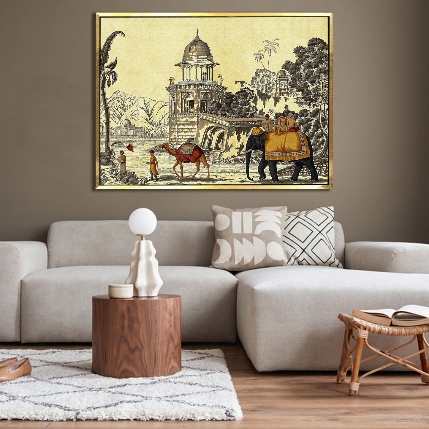 The Mughal Stronghold: A Fort Landscape with Elephant and Camel Historical Art Impressionism Painting Picture on Framed Artwork for Home Decor.