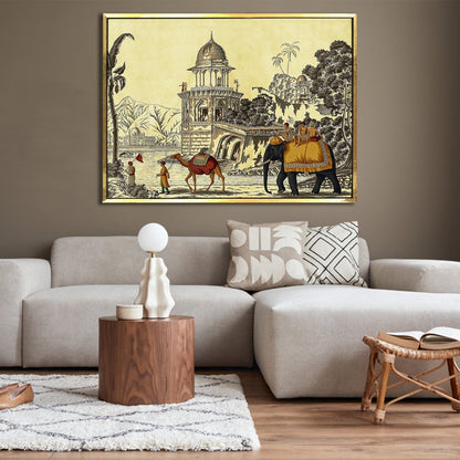 The Mughal Stronghold: A Fort Landscape with Elephant and Camel Historical Art Impressionism Painting Picture on Framed Artwork for Home Decor.