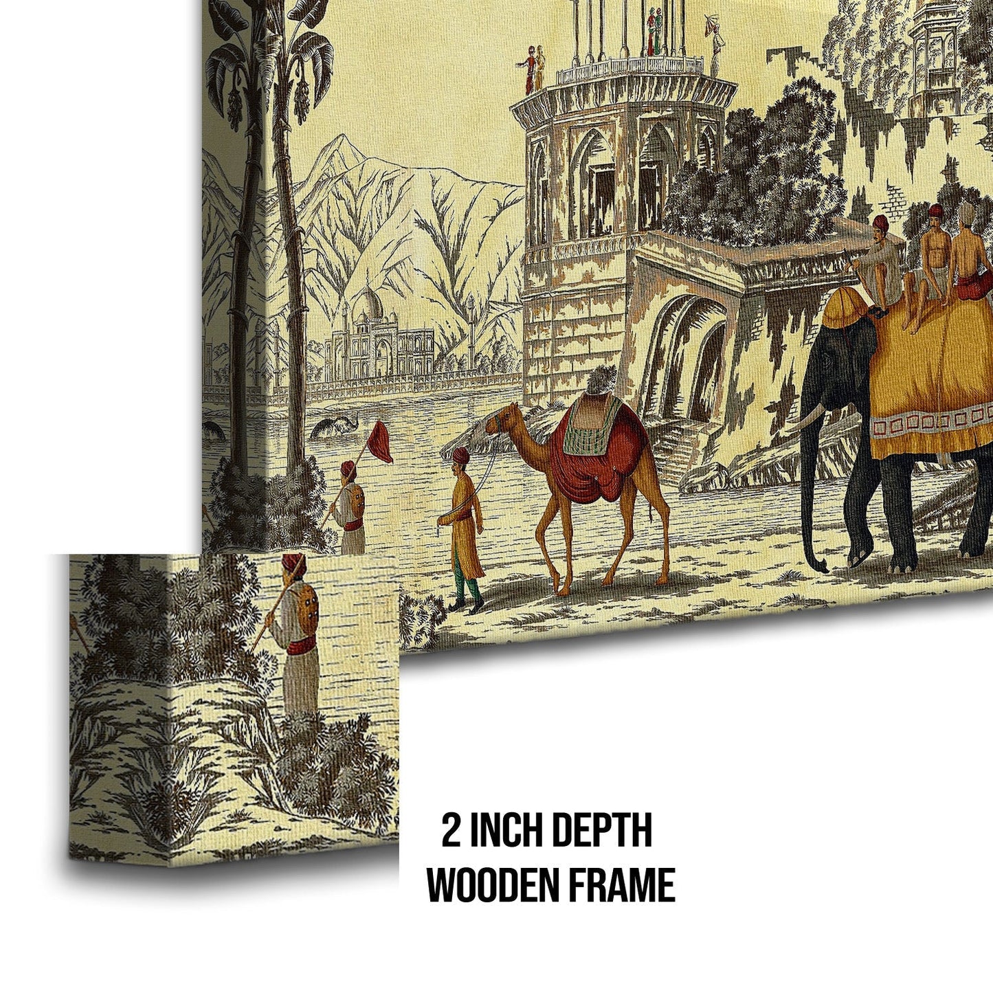 The Mughal Stronghold: A Fort Landscape with Elephant and Camel Historical Art Impressionism Painting Picture on Framed Artwork for Home Decor.