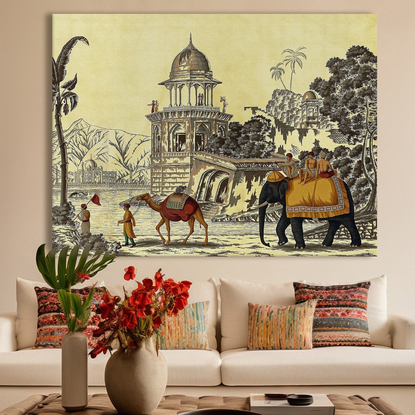 The Mughal Stronghold: A Fort Landscape with Elephant and Camel Historical Art Impressionism Painting Picture on Framed Artwork for Home Decor.