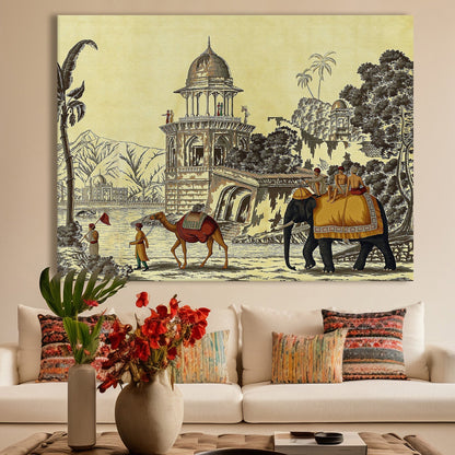 The Mughal Stronghold: A Fort Landscape with Elephant and Camel Historical Art Impressionism Painting Picture on Framed Artwork for Home Decor.