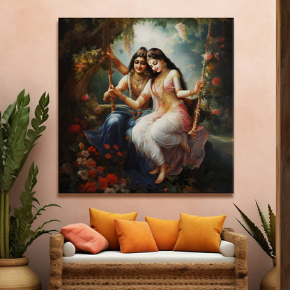 Krishna and Radha Wall Art Canvas Paintings Framed on Wood