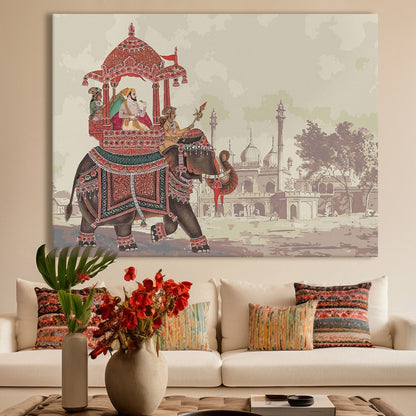 A Tapestry of Power and Grace: The Mughal Emperor's Journey on a Decorated Elephant Carriage, Flanked by Royal Guards Wall Painting