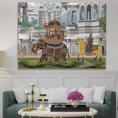 The Queen's Elephant Ride: A Glimpse into Mughal Royalty on Framed Canvas Artwork Perfect for Office and Home Wall Decor.