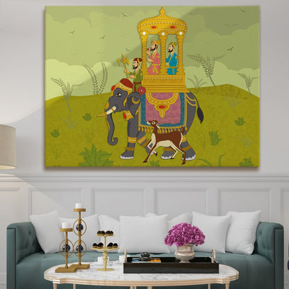 Witnessing Grandeur: Crowds Gather as the Maharaja Leads a Procession on Elephant Back Artwork. Adds sophistication to your decor.