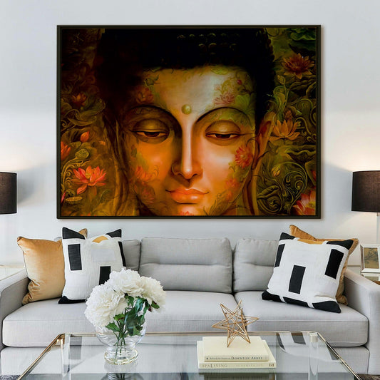 Buddha Wall Art Canvas Framed Paintings Abstract Art Meditation Room Decor Colorful Buddha Statue Pictures Religious Lotus Flower Artworks Large Size Bedroom Yoga Room Home Decoration.