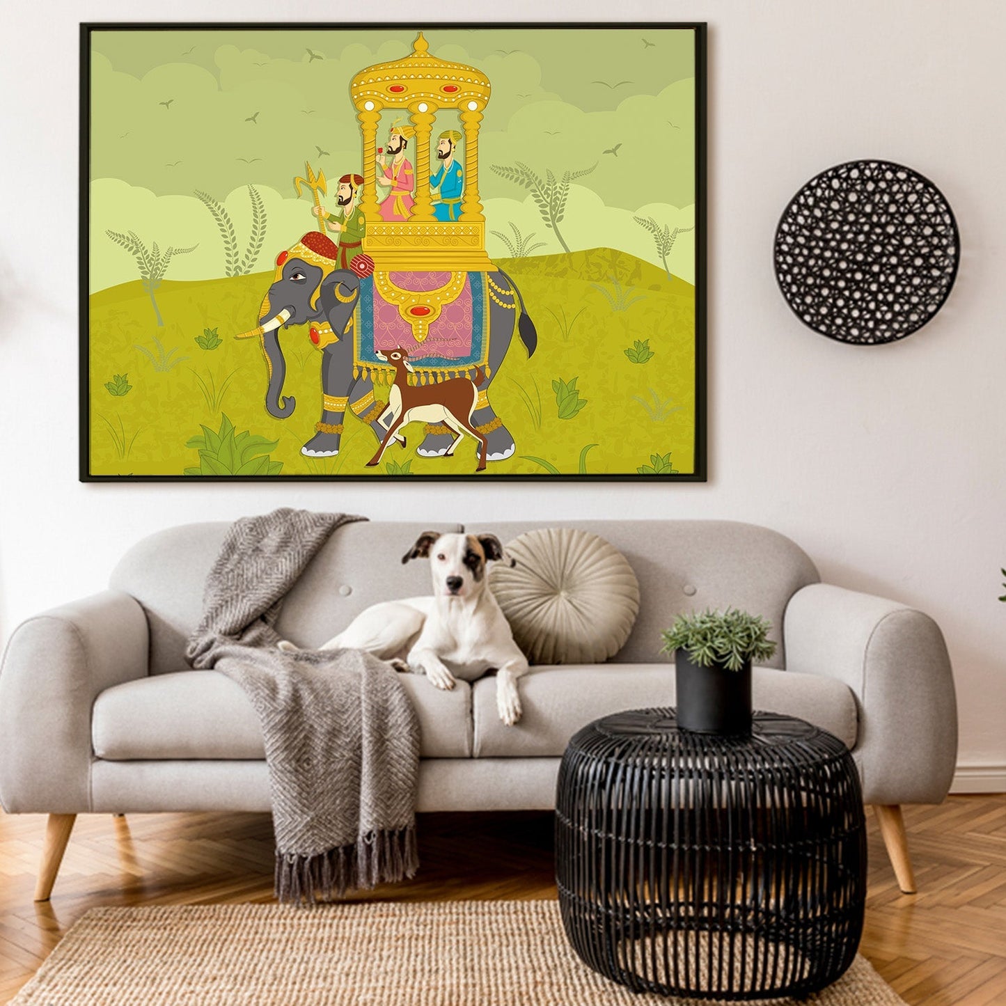 Witnessing Grandeur: Crowds Gather as the Maharaja Leads a Procession on Elephant Back Artwork. Adds sophistication to your decor.