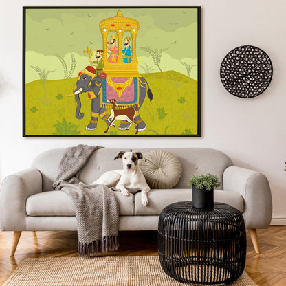 Witnessing Grandeur: Crowds Gather as the Maharaja Leads a Procession on Elephant Back Artwork. Adds sophistication to your decor.