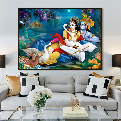 Folklore on Canvas: Discover the Charm of Radha Krishna Print Canvas Framed Painting