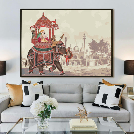 A Tapestry of Power and Grace: The Mughal Emperor's Journey on a Decorated Elephant Carriage, Flanked by Royal Guards Wall Painting