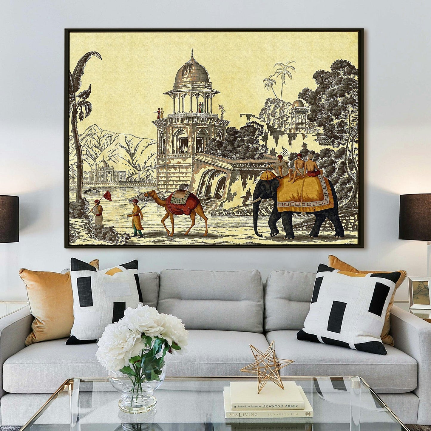 The Mughal Stronghold: A Fort Landscape with Elephant and Camel Historical Art Impressionism Painting Picture on Framed Artwork for Home Decor.