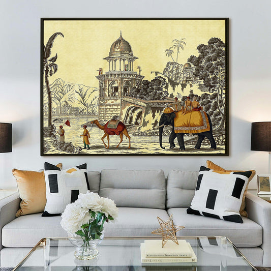 The Mughal Stronghold: A Fort Landscape with Elephant and Camel Historical Art Impressionism Painting Picture on Framed Artwork for Home Decor.