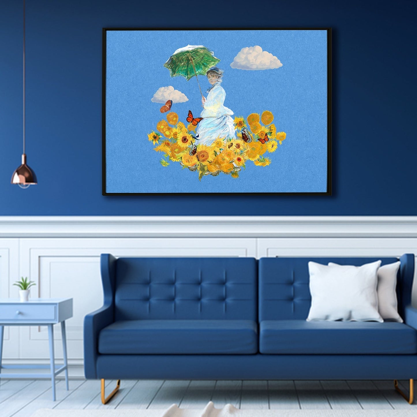 Claude Monet Famous Artist Blue Canvas Prints Woman With A Parasoal Wall Art Modern Art Impressionism Painting on Framed Canvas Artwork For Living Room Office Home Decor.