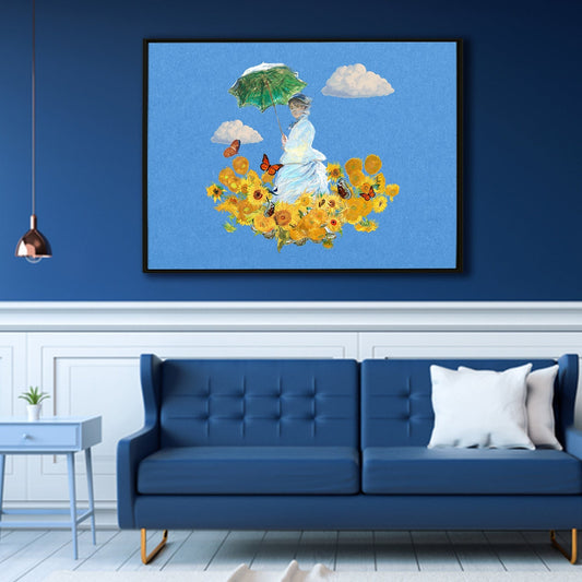 Claude Monet Famous Artist Blue Canvas Prints Woman With A Parasoal Wall Art Modern Art Impressionism Painting on Framed Canvas Artwork For Living Room Office Home Decor.