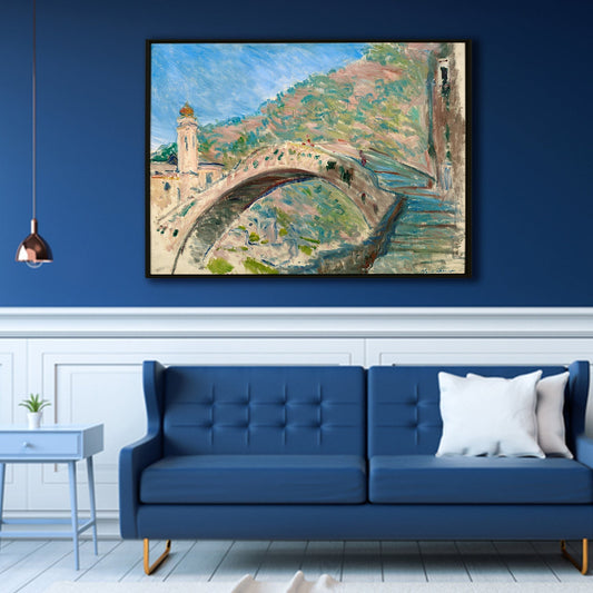 Large Wall Art Framed Canvas - Blue & Beige Bridge at Dolceacqua By Cloude Monet Canvas Painting Modern Art Impressionism on Framed Canvas Artwork Perfect for Office and Home Wall Decor.