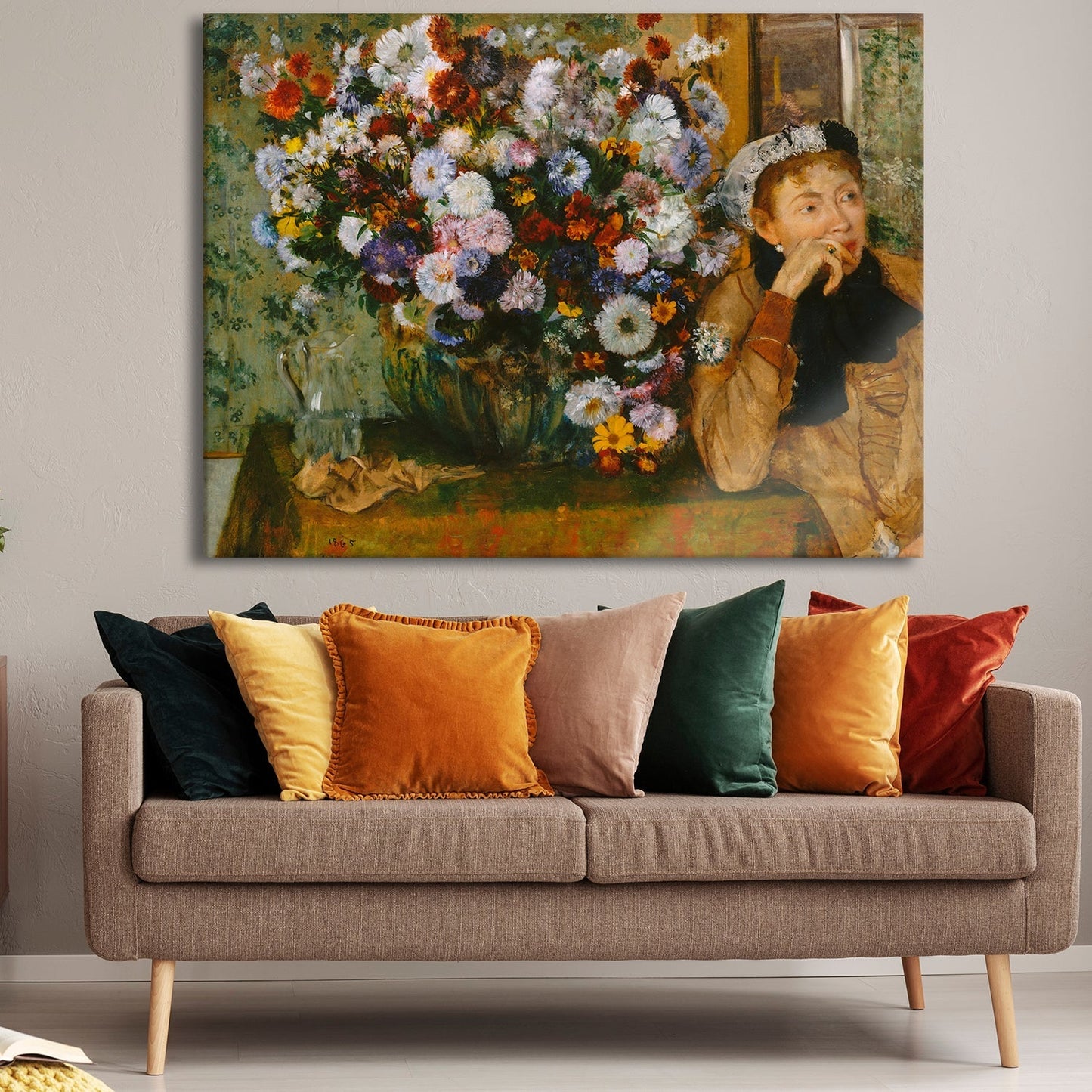 The woman sitting next to a vase with flowers by Edgar Degas fine art print canvas painting