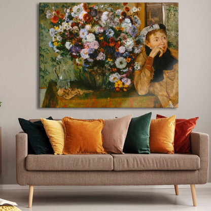 The woman sitting next to a vase with flowers by Edgar Degas fine art print canvas painting