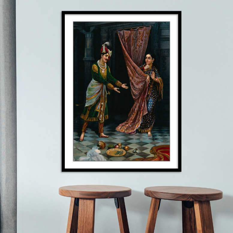 Kichaka making indecent proposals to a frightened Draupadi by Raja Ravi Varma Wall art Painting