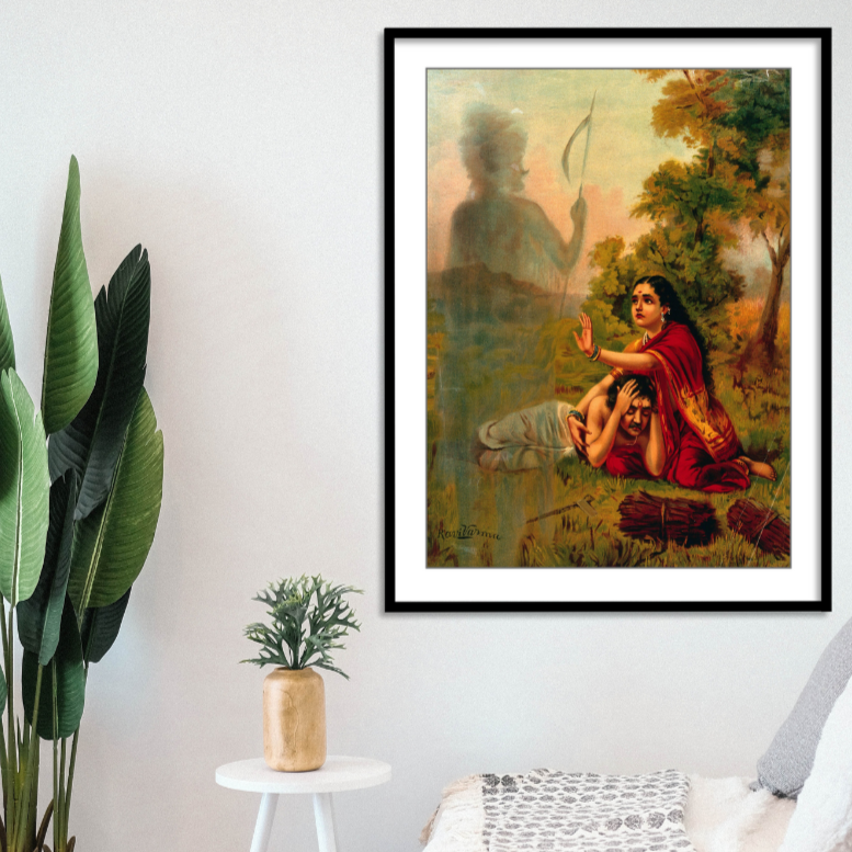 Savitri pleading with Yama for her husband, Satyavan's life by Raja Ravi Varma Wall Painting