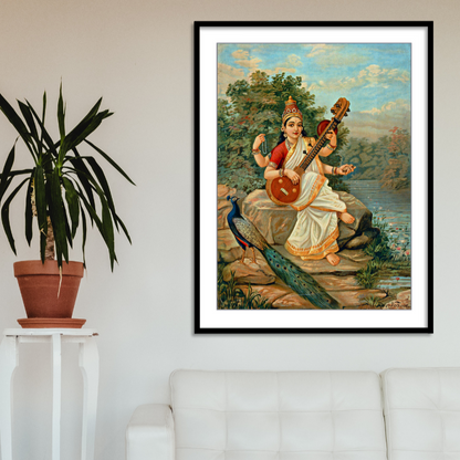 Goddess Sarasvati by Raja Ravi Varma Wall Art Print for Home Decor