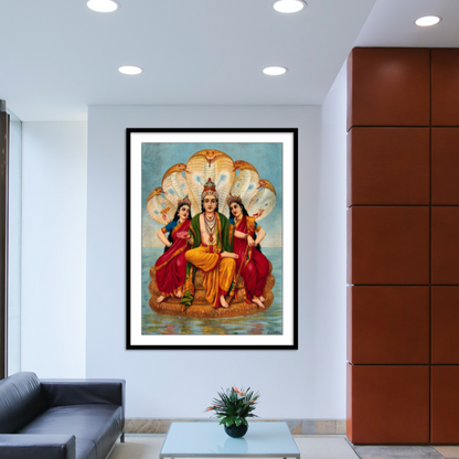 Vishnu flanked by two wives resting on Shesa by Raja Ravi Varma Wall Art