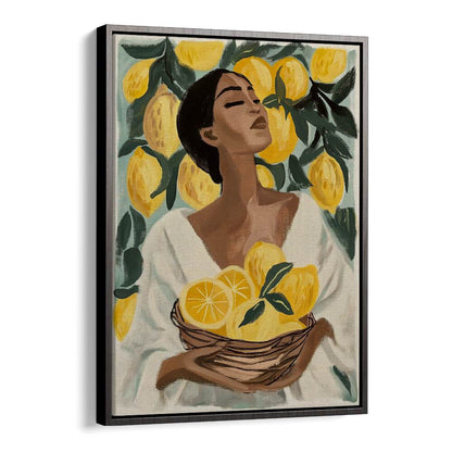 Brighten your space with LEMON TREE, PORTRAITS showcasing a woman holding vibrant lemons in a charming art print.