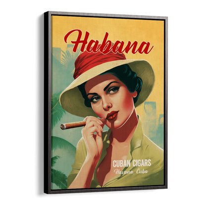 Vintage art featuring a woman enjoying a cigar, highlighting HABANA - CUBAN CIGARS, BAR & CAFE charm.