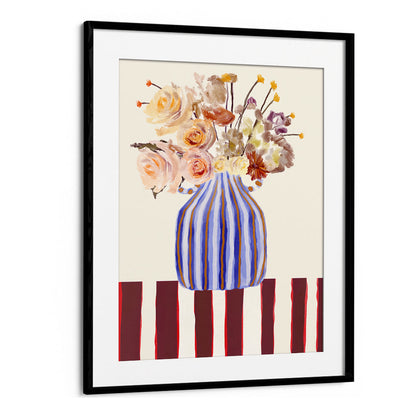 Brighten your space with STILL LIFE WITH FLOWERS I, FLORAL FLOWER PAINTINGS showcasing vibrant blooms in a striped vase.