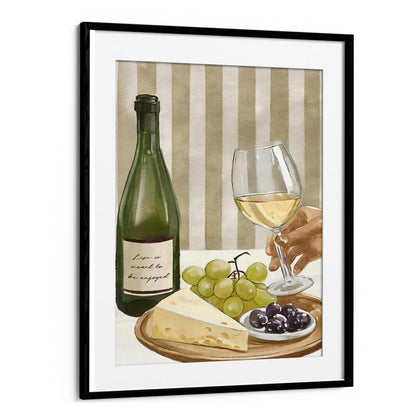 Elegant kitchen poster featuring “LIFE IS MEANT TO BE ENJOYED” with wine, cheese, and fruit for a joyful atmosphere.