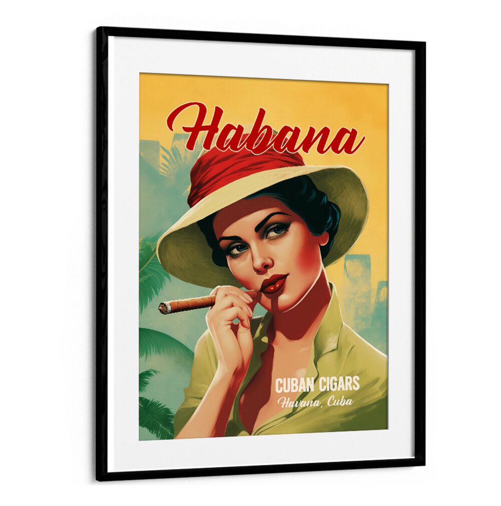 Vintage Habana art featuring a woman with a cigar, celebrating HABANA - CUBAN CIGARS, BAR & CAFE heritage.