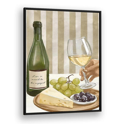 Stylish kitchen poster featuring wine, cheese, and grapes, reminding us that LIFE IS MEANT TO BE ENJOYED.