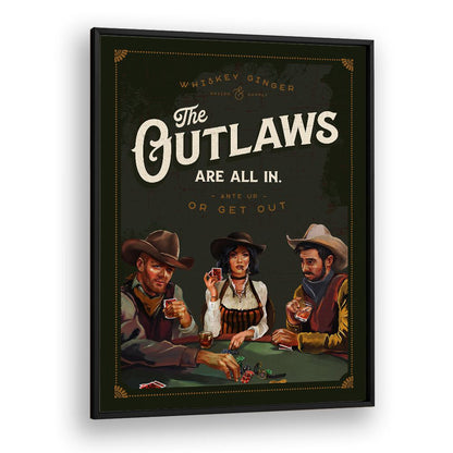 Vintage OUTLAWS POKER, BAR art featuring cowboys in a lively poker game, perfect for any western-themed space.