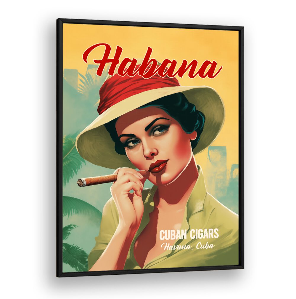 Vibrant artwork featuring a woman with a cigar, celebrating HABANA - CUBAN CIGARS, BAR & CAFE heritage.