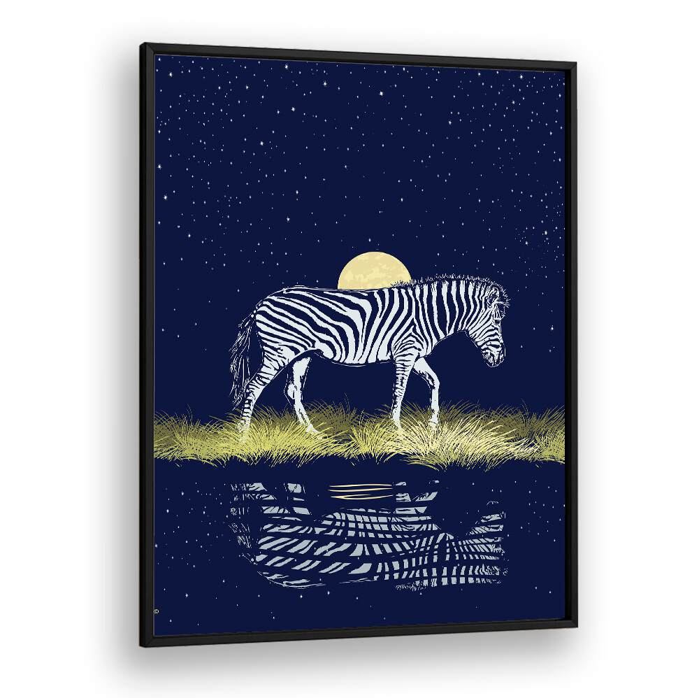 Stunning MOONRISING OVER ZEBRA, ANIMAL PAINTINGS artwork showcasing a zebra under a glowing full moon reflection.