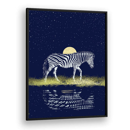 Stunning MOONRISING OVER ZEBRA, ANIMAL PAINTINGS artwork showcasing a zebra under a glowing full moon reflection.