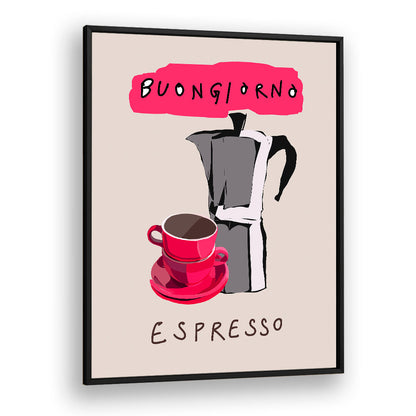 Stylish BUONGIORNO ESPRESSO, BAR poster adds Italian charm to your kitchen or coffee nook, perfect for coffee lovers.