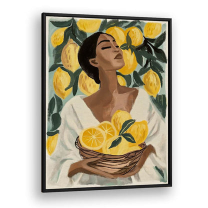 Brighten your home with LEMON TREE, PORTRAITS featuring a woman holding vibrant lemons in a charming, uplifting design.