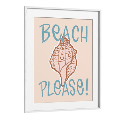 Coastal wall art featuring "BEACH PLEASE, BEACH PAINTINGS" in a stylish white frame, perfect for your serene retreat.