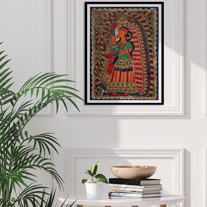 Beautiful Woman Madhubani Painting, Framed Art
